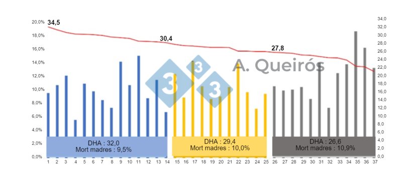 Figura 3: Mortalidad de cerdas según la productividad de la explotación. Base de datos Actualtech. Queirós, 2022: Presentación oral de Sinsui.
